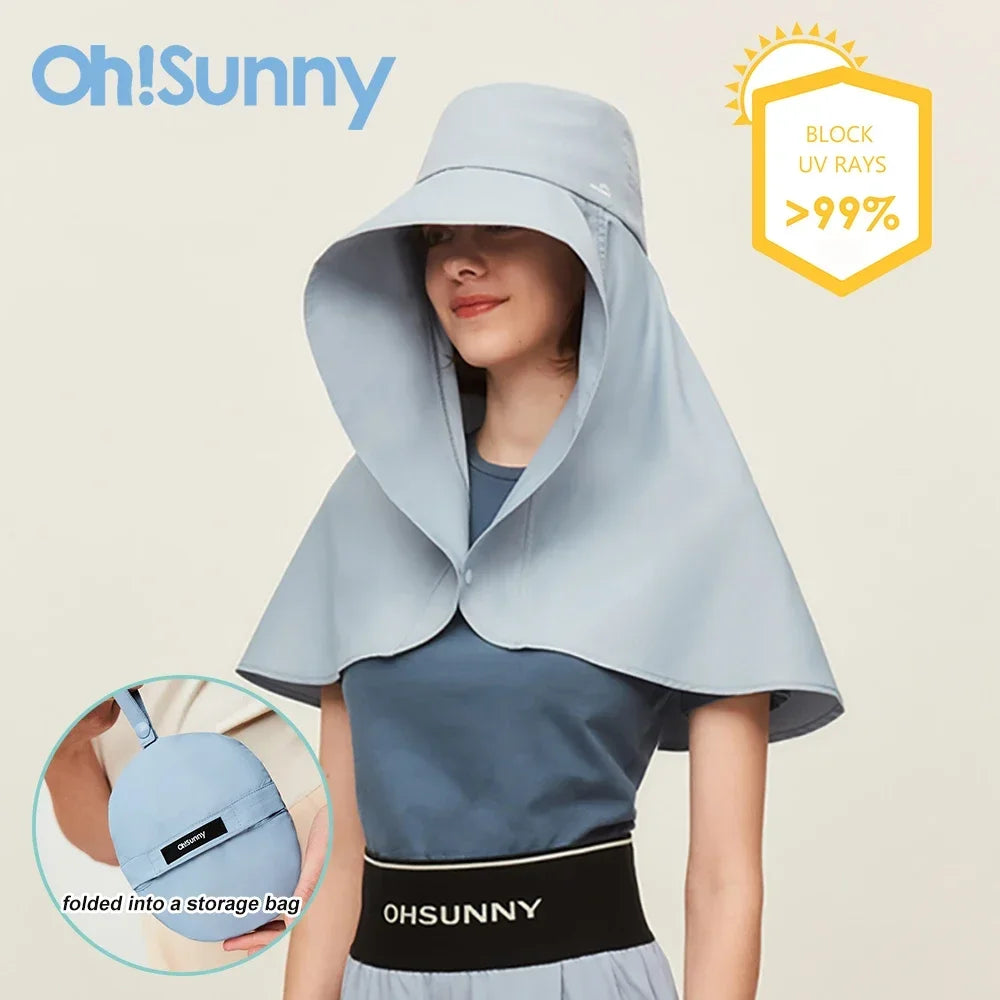 OhSunny - Sombrero tipo pescador con protección solar y solapa para el cuello para mujer, plegable, de ala grande, con protección total UPF 50+, anti-UV, para playa