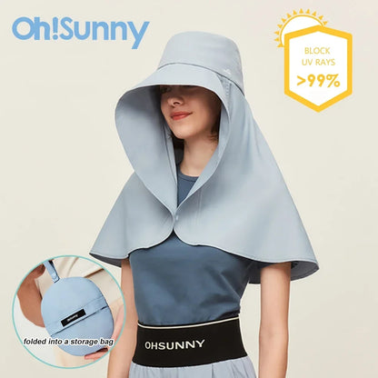 OhSunny Chapeau de protection solaire avec rabat de cou pour femme Chapeau de soleil pliable à large bord UPF 50+ Protection complète anti-UV Chapeau de plage