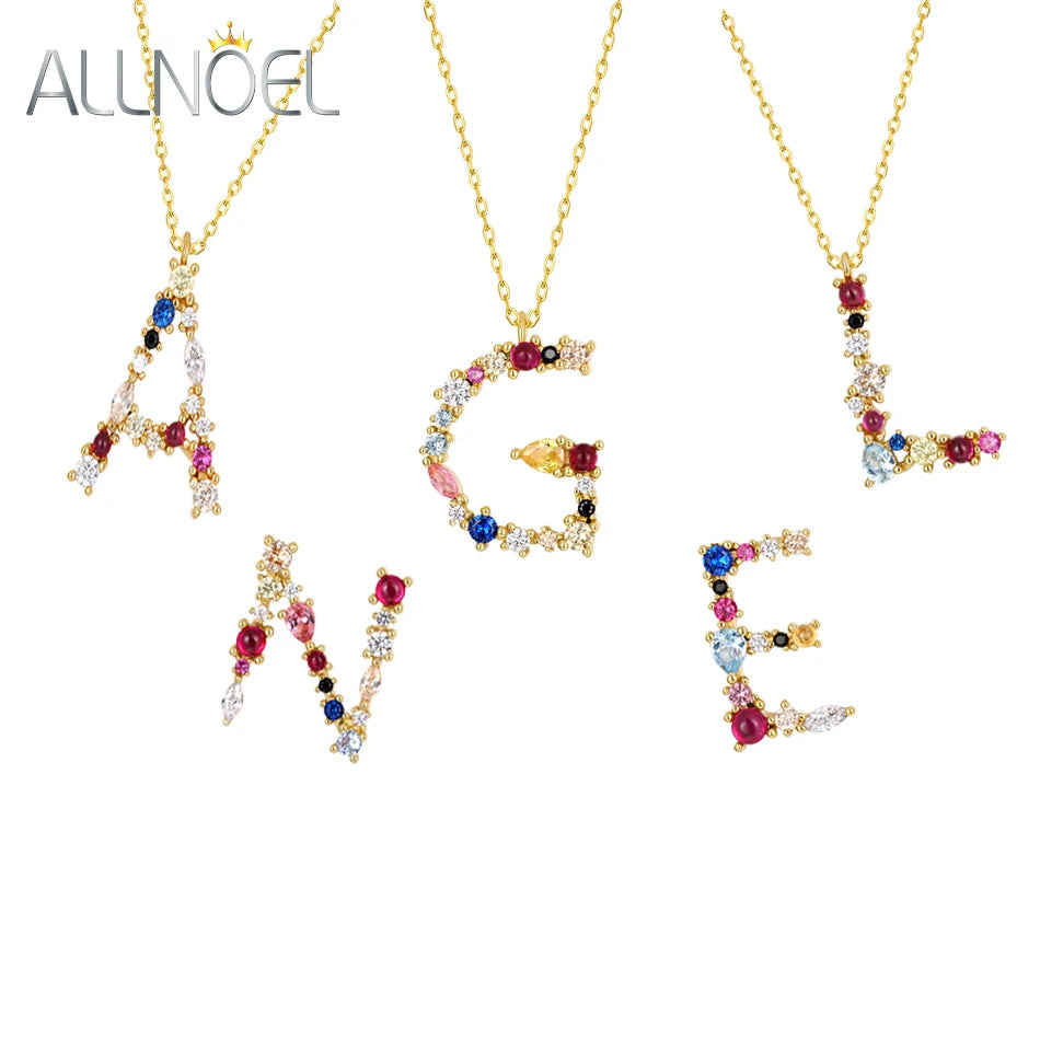 ALLNOEL 26 Collier Pendentif Alphabet Femme Argent Sterling 925 Arc-en-ciel Cristal Coloré Lettre Initiale MKWF Or Bijoux Fins