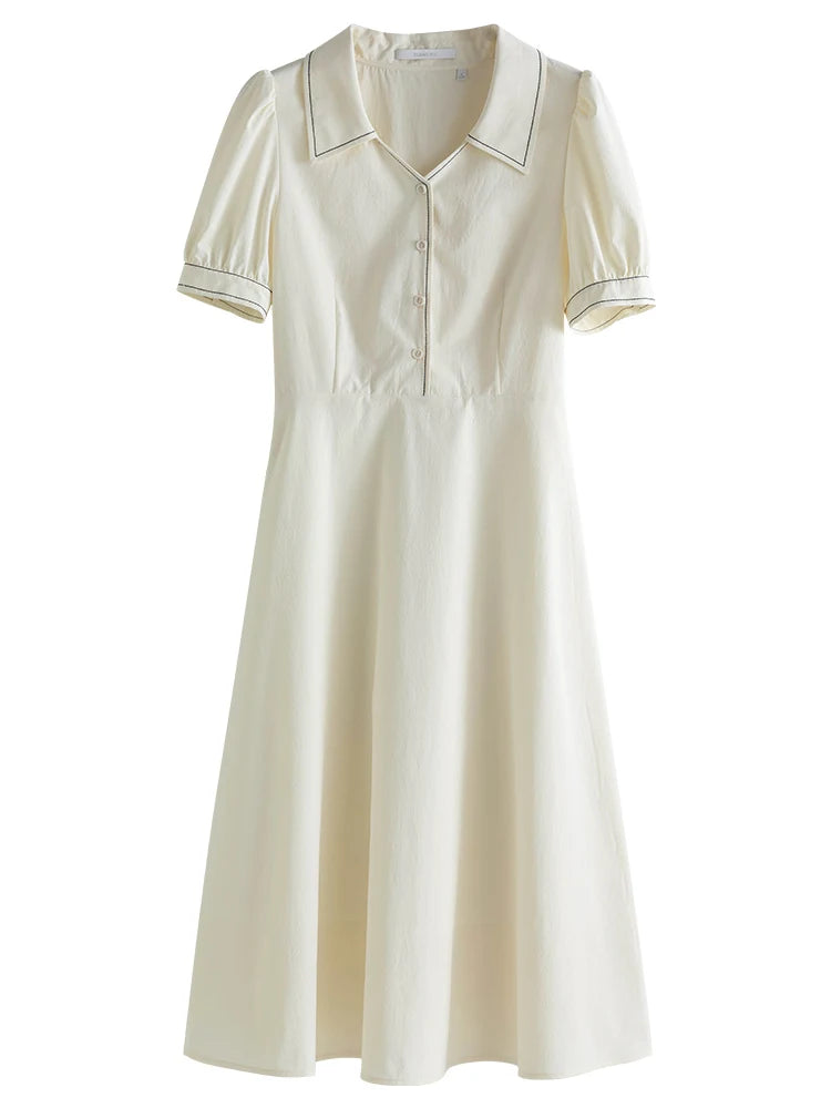 ZIQIAO Robe chemise à manches bouffantes de tempérament français pour femme Robe mi-longue trapèze pour occasion formelle d'été pour femme