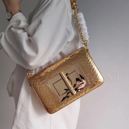 UXST Gold-Tone Hardware Chain Bag Snake Pattern Leather Underarm Bag Button Lock Flap Pocket Shoulder Bag Light Luxury Party Bag