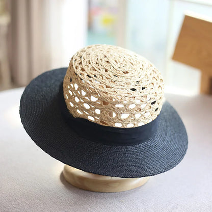 LongBaiLi Summer Casual Wide Brim Raffia Straw Sun Hat For Women Flat Top Panama Sun Protection Beach Hat