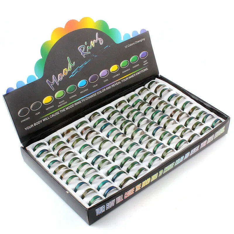 100 piezas/juego de anillos de 6 mm con cambio de color de temperatura y emoción para mujeres unisex con una caja, venta al por mayor, lotes de joyería