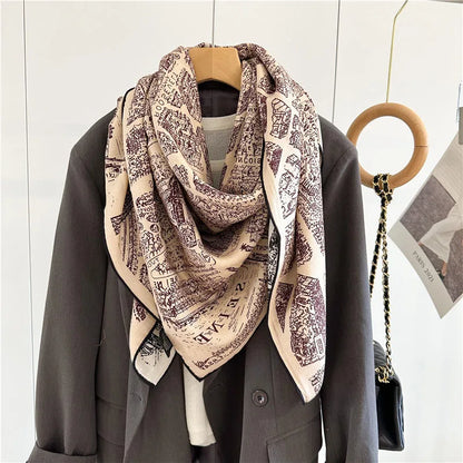 Double Sided Wool Scarves Wraps Foulard 2024 NEW Prints Womens Fashion Warm Blanket Scarf Shawl Poncho 132x132CM