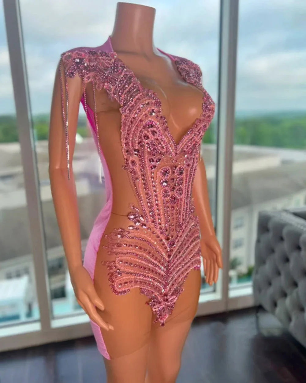 Robe de soirée courte rose vif pour fille noire africaine, mini robe de cocktail de fête d'anniversaire, robe de soirée luxueuse à illusion de diamants lourds