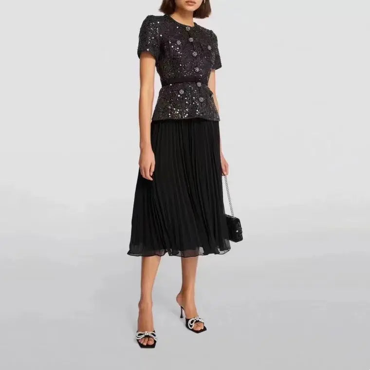 Women's Fashion Spring round neck sequin tweed long sleeved waist patchwork chiffon retro button up dress