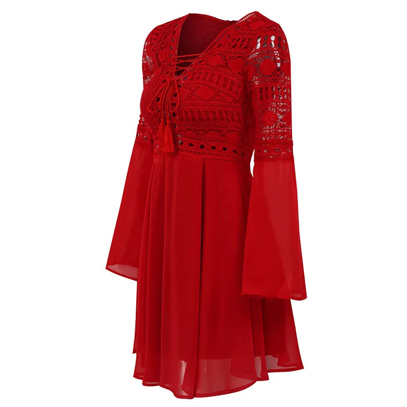 Vestido corto de gasa con cuello en V para mujer, corte en A, blanco, negro y rojo, manga larga, color liso, con volantes y retazos, para primavera y verano