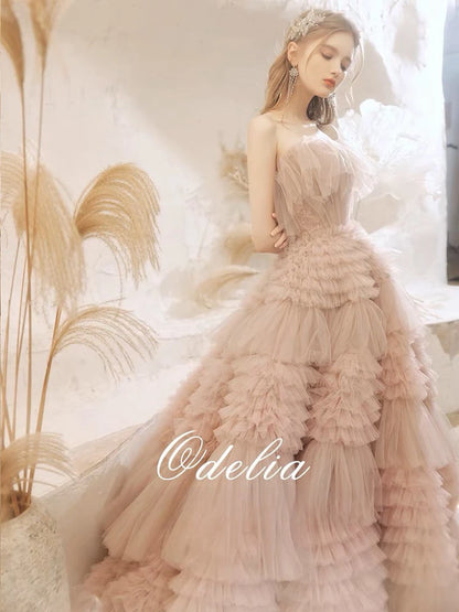 Vestidos de celebridades color rosa polvoriento con capas, princesa, marfil, sin tirantes, con cordones, largos, sin mangas, elegantes, de tul, para bodas, fiestas de noche