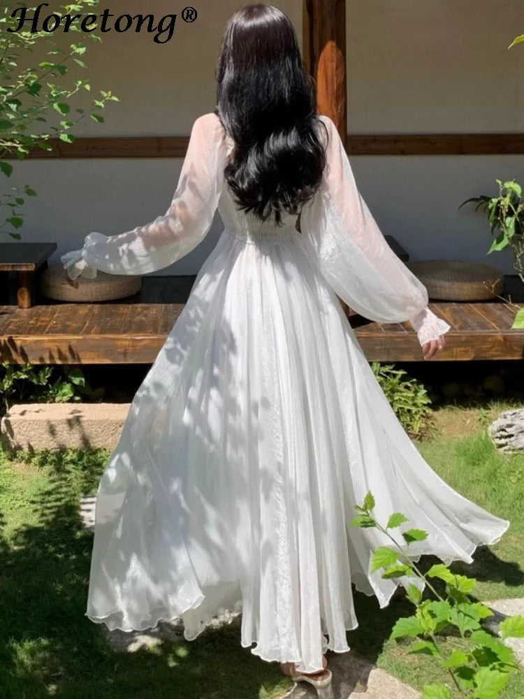 Horetong Élégant Maxi Robes Pour Femmes Blanc Épaule Dénudée Bouffante Manches Longues Élastique Taille Haute Robe De Soirée À Volants Robe De Vacances