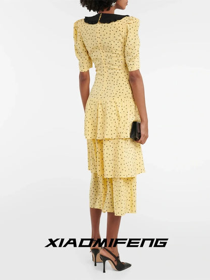 Alessandra RICH New V-neck ruffled polka dot dress looks slimmer, high-end celebrity style cake dress, women's long skirt