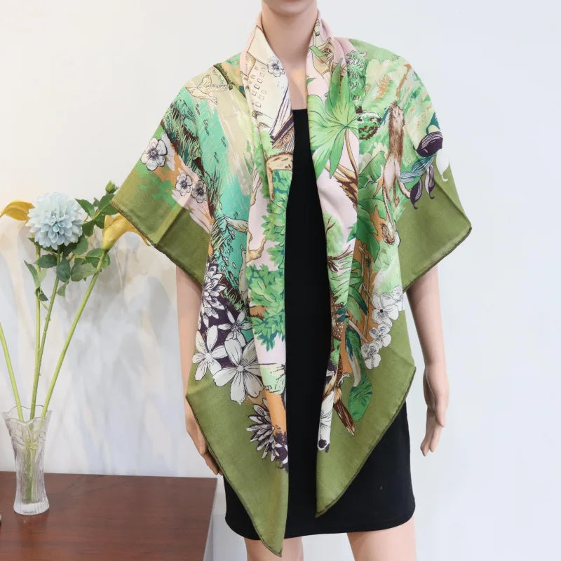 Green Double Faced Cashmere Silk Scarf 140 Silk Wool Scarves Big Shawls Hand Rolled Edge Stole Pashmina Winter Accessories