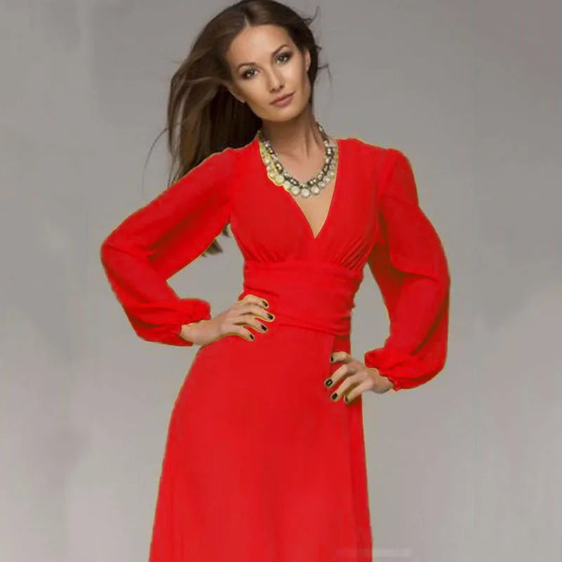 Women Vintage Maxi Dresses 2023 Summer Sexy Deep V-Neck Long Sleeve Dress