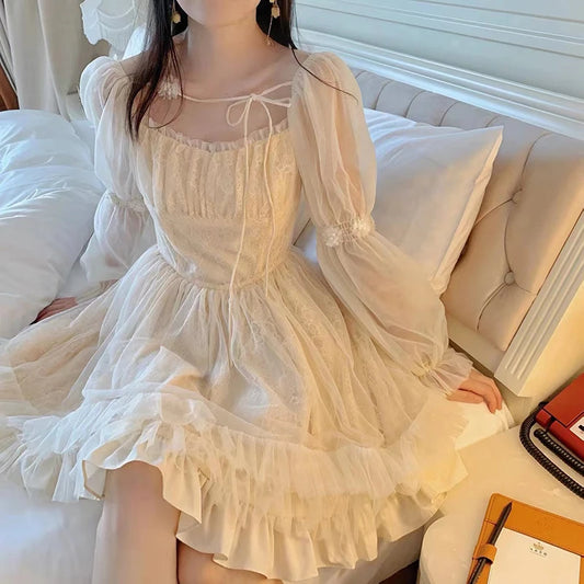 Vestido Lolita Kawaii de manga larga para mujer, vestido mini informal vintage, vestido de una pieza estilo estético de hada japonesa para mujer