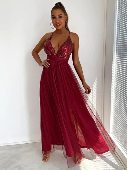 Vestido camisero con abertura alta y detalle de lentejuelas 2023, vestidos de fiesta para bodas, cócteles, graduaciones, vestidos de noche, vestido de noche largo elegante