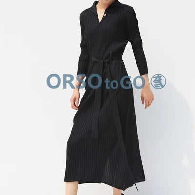 HOT SELLING Miyake fold v-neck three quarter solid waistband long Hem slit  Dress IN STOCK