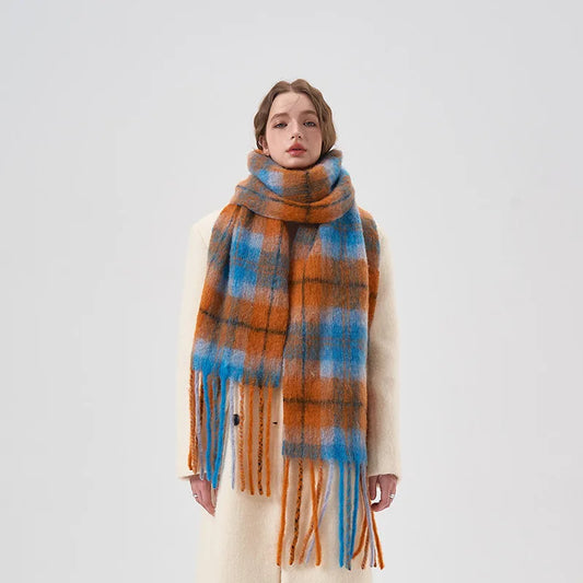 2023Autumn/WinterNew Mohair Plaid Women's Scarf Alpaca Wool Blended Contrast Plaid Tassel Couple Scarf Wool Thickened Warm Shawl