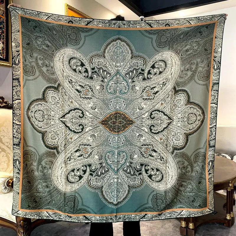 High-end Elegant Women Exquisite Sri Lankan Style Double Sided Print Quality Silk Wool Hand-rolled Edge Large Square Scarf Shawl