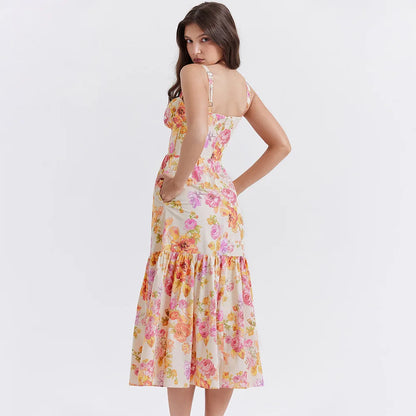 Vestido lencero floral de verano de alta calidad para mujer, vestido ajustado sin espalda, falda larga sin mangas con costuras, vestido informal para mujer 2023