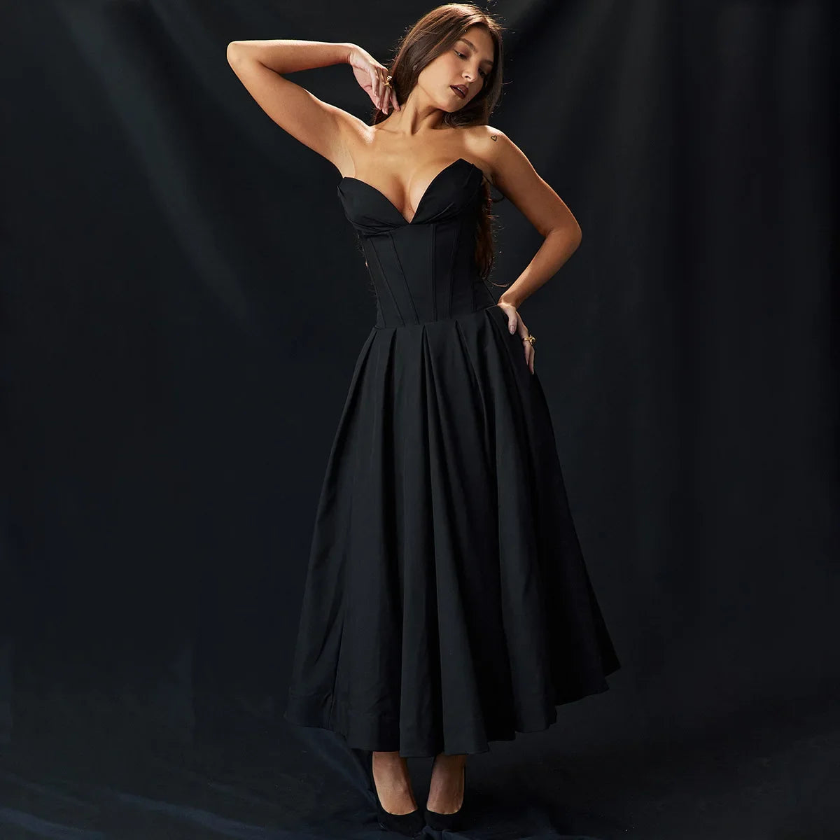 Mingmingxi Vestido de fiesta formal sin tirantes con corsé ajustado negro sexy para ocasiones especiales Vestidos largos elegantes de línea A Novedades en ropa