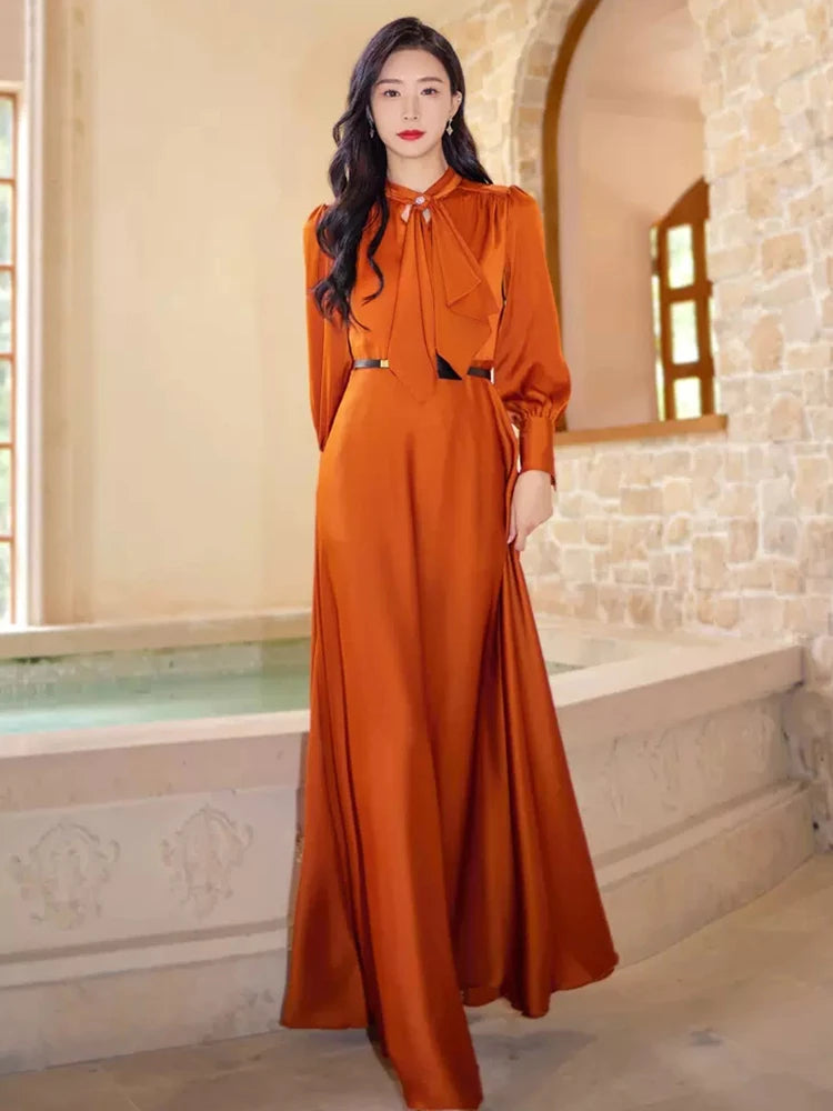 New Women Spring Summer Ankle-Length Violet Dress Fashion O-Neck Long Sleeve Slim Dress Elegant Flowing Empire Waist Dress