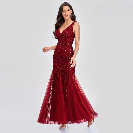 Robe de cocktail en tulle à paillettes sans manches et col en V Robe de soirée sirène à dos en V Robe de soirée brodée pour femme