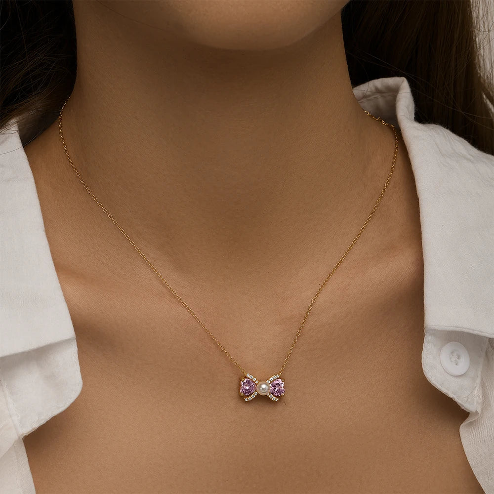 Collar con colgante de perla y corazón de circonita en forma de lazo de plata de ley 925 de Aide para mujer, cadena de oro K, elegante regalo de joyería Y2K