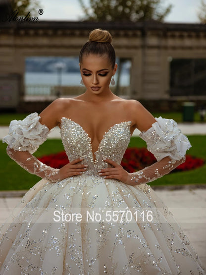 Alonlivn Exquisite Bling Pearls Lace Sweetheart Ball Gown Wedding Dresses Off Shoulder Sleeves Graceful Embroidery Bridal Skirts