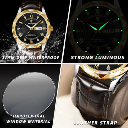 POEDAGAR Reloj de pulsera de lujo para hombre de negocios, resistente al agua, luminoso, con fecha y semana, reloj de cuarzo para hombre, relojes de cuero para hombre