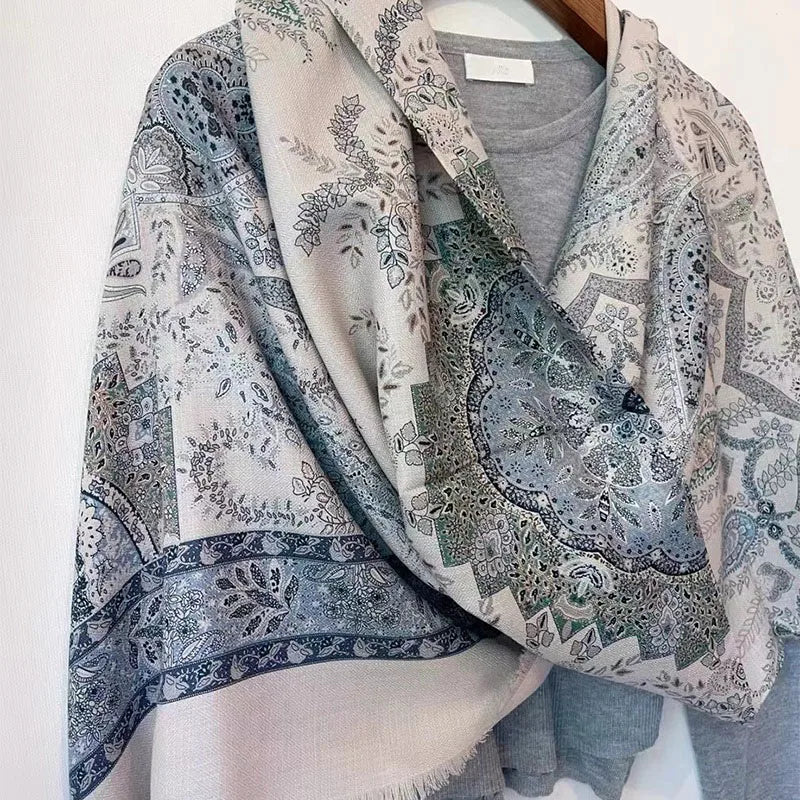 Paisley Print Wool Scarves Wraps Bohemia Style Womens Large Square Wool Shawl Poncho Luxury Diamond Jacquard 135X135CM