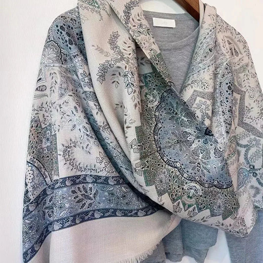 Bufandas de lana con estampado de cachemira para mujer, estilo bohemio, chal de lana cuadrado grande, poncho de lujo con jacquard de diamantes, 135 x 135 cm