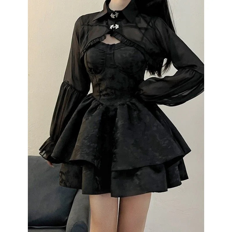 Robe Lolita Sexy Noire Femmes Gothique Vintage Mini Robes Harajuku Halloween Cosplay Costumes Manches Longues Robe De Fée Femme