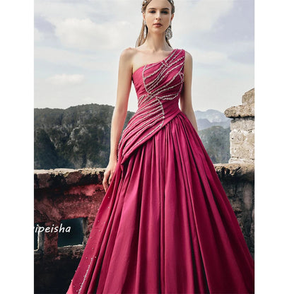 Jersey Sequined Beading Ruched Clubbing A-line One-shoulder Bespoke Occasion Gown Long Dresses