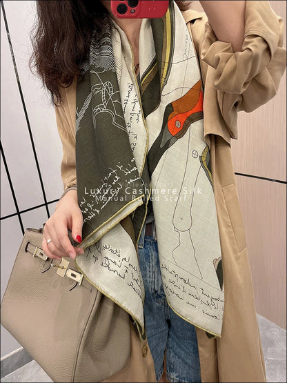 Luxury Large Wool Scarf Women Hand Rolled Silk Scarfs Rolling Edge Top Stole Cape Horse Print Brand Design Big Warm Bandanas