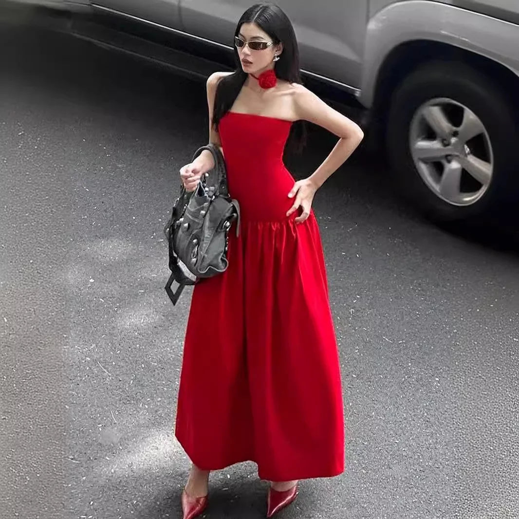 Robe longue plissée rouge élégante à fleurs 3D, col licou, sans manches, col unique, robe longue à bretelles, tenue de soirée pour femme