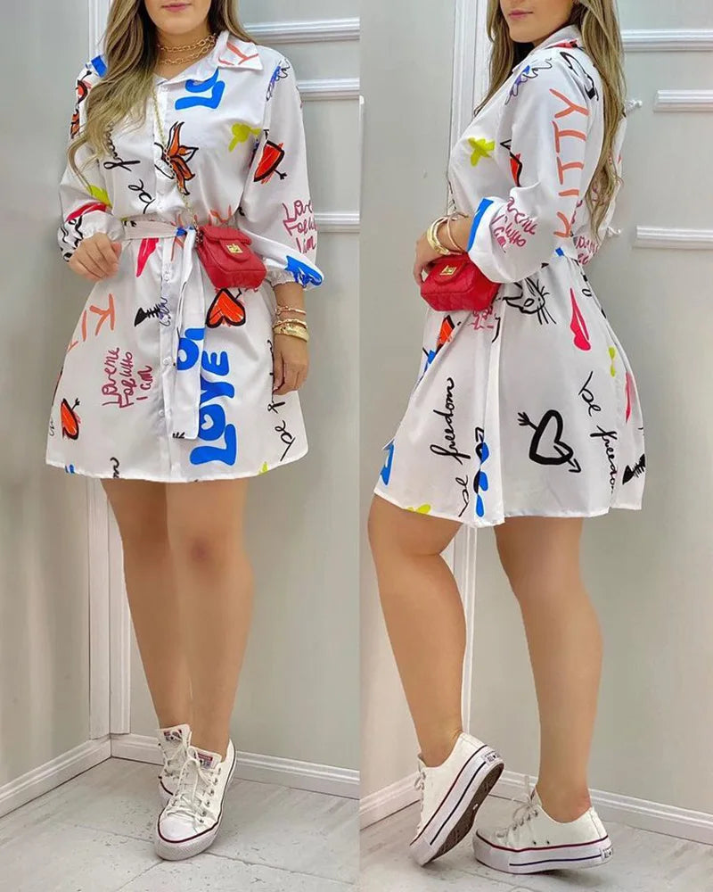 Women Casual Shirt Single-breasted Long Sleeves Letter Print Mini Dress