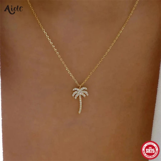 Collar con colgante de circonita con incrustaciones de árbol de coco de plata esterlina 925 de Aide para mujer, cadena de oro K de alta calidad, regalo de joyería Pendientes