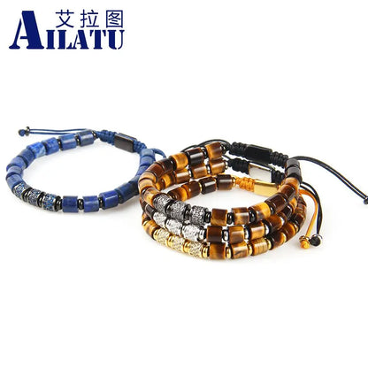 Ailatu 10pcs/lot Luxury Blue Cz Cylinders Men's Braiding Bracelet with Natural Lapis Stone Top Quality