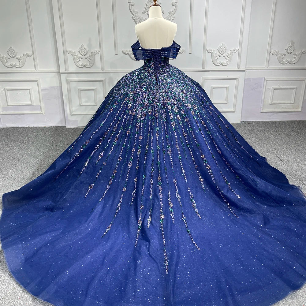 Vestido de noche con lentejuelas brillantes y bordado azul para quinceañera, fiesta de noche, 6696