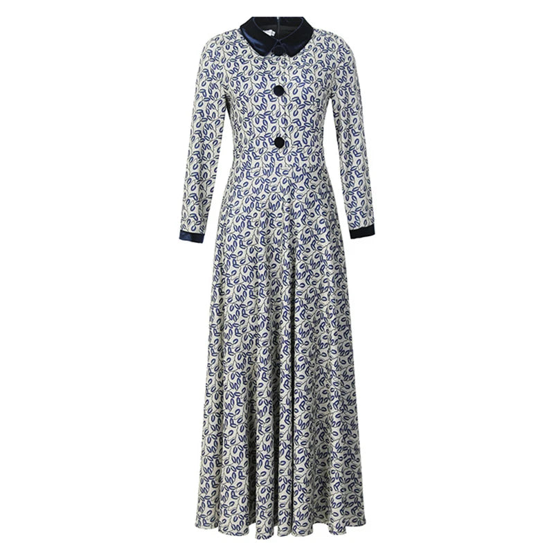 New Women Spring Autumn Print Dress Fashion Peter pan Collar Long Sleeve Slim Dress Elegant Exquisite Overlength Dress