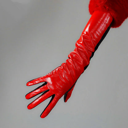 GUANTES DE DOS TONOS DE PIEL DE CORDERO AUTÉNTICA DE LARGO AL CODO, CUERO REAL, OLEODINARIO, ROJO BRILLANTE, TECNOLOGÍA, MODA PARA DANZA, HALLOWEEN, COSPLAY