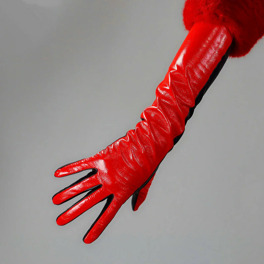 Gants longs bicolores en cuir d'agneau véritable, cuir véritable, huile brillante, rouge brillant, TECH, soirée, danse, mode, Halloween, cosplay