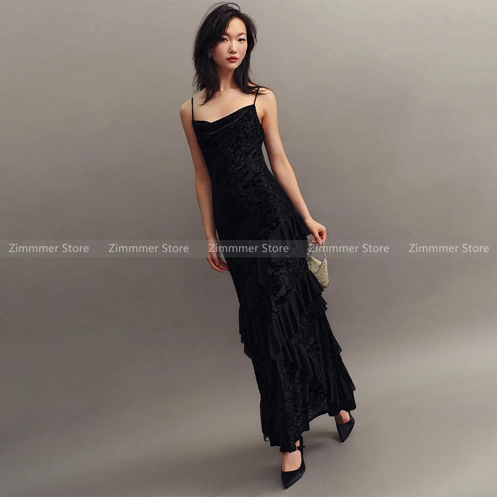 Senior sense of temperament jacquard splicing wood ear lace Slim thin halter long dress holiday style halter dresses