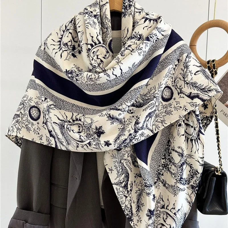 2024 Women Winter Wool Scarves Wraps Double Sided Printing Large Square Warm Shawl Cape 132x132cm