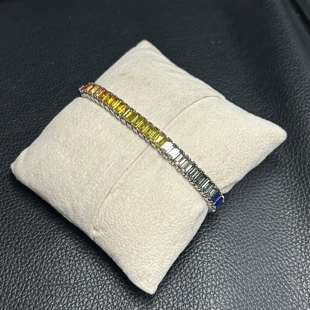 Meisidian 3x5mm Bracelet Stainless Steel Plated White Gold Rainbow Sapphire Tennis Link