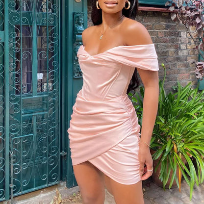 Robe corset moulante d'été Oligai Sexy Mini Off The Shoulder Club Robes de soirée Slim Elastic Satin Dress Rose Vêtements pour femmes