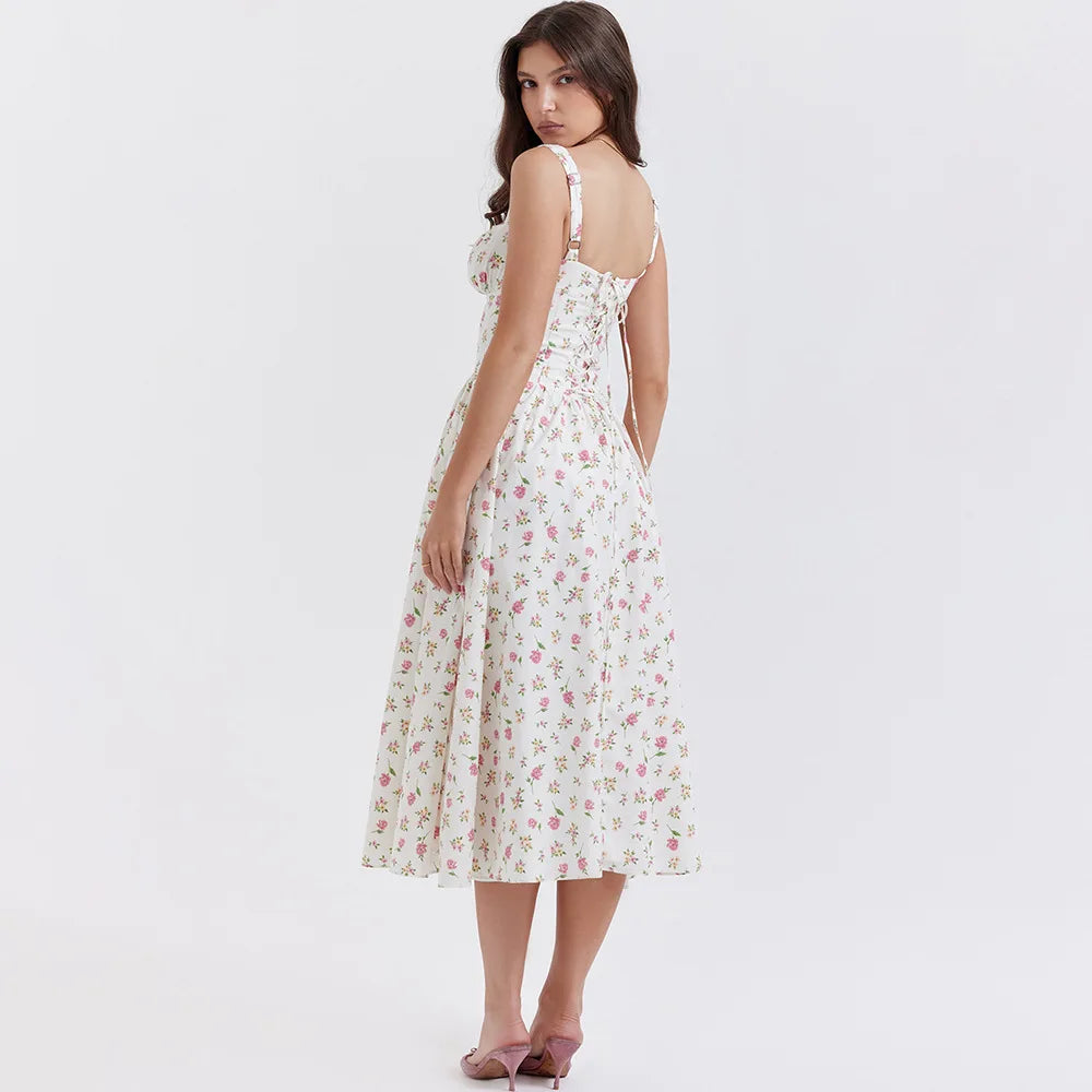 Robe d'été élégante à lacets pour femmes, tenue de vacances, imprimé floral, ligne A, boutonnée, décontractée, pour fête d'anniversaire, 2023