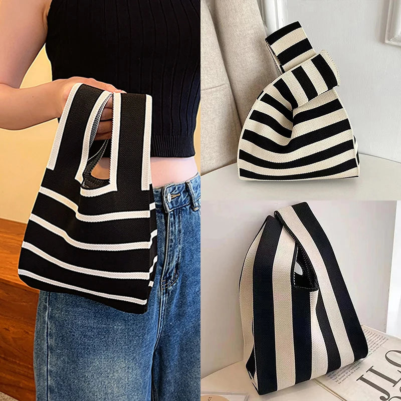 Bolsos de mano de punto hechos a mano para mujer, minibolso de muñeca con nudo, bolso de mano informal coreano, bolsos de compras reutilizables