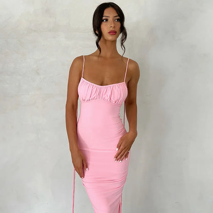 Vestido maxi sexy con tirantes finos criptográficos sin espalda, elegante, para mujer, para cumpleaños, fiesta de verano, fruncido