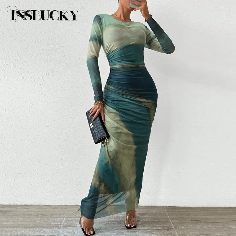 InsLucky Robe plissée sexy en maille transparente pour femme Tie Dye col rond manches longues plis robes mi-longues slim moulante bureau dame