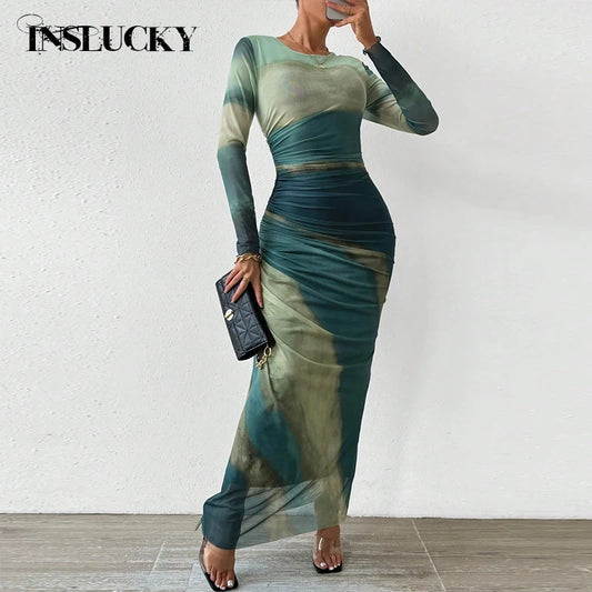 InsLucky Sexy Mesh See Through Pleated Dress For Women's Tie Dye O Neck Long Sleeve Folds Midi Dresses Slim Bodycon Office Lady